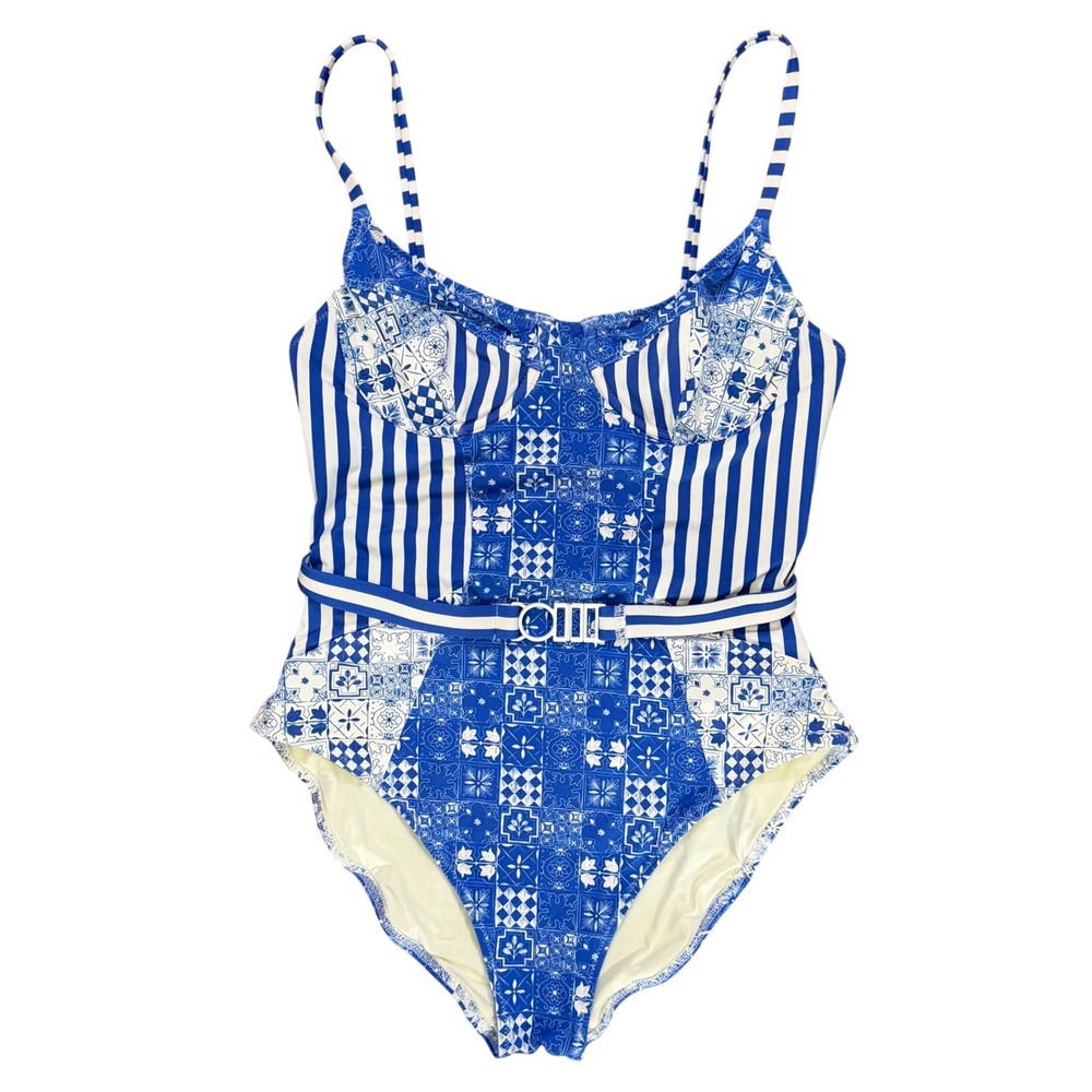 SOLID & STRIPED Blue and White One-Piece Swimsuit